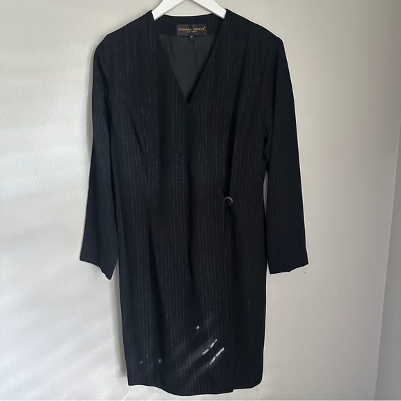 Donna Ricco New York Black Silver Pinstripe Crepe Wrap Dress Women’s 12 NWT - Picture 12 of 13